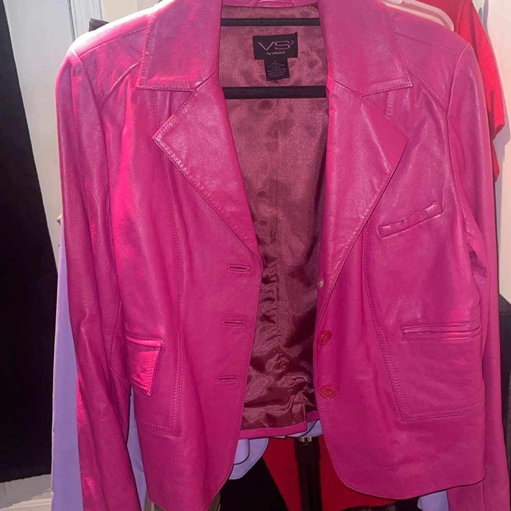 Hot pink Vakko leather coat